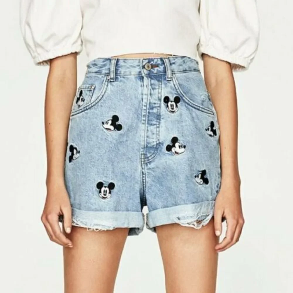 ZARA DISNEY MICKEY MOUSE DENIM SHORTS HIGH WAISTED
